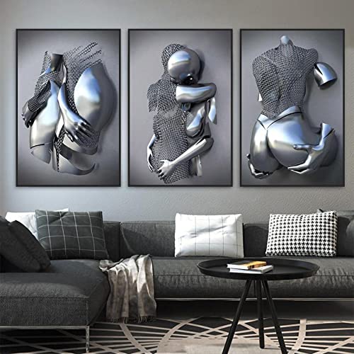 Nordic Metall Liebhaber Statue Leinwand Malerei Sexy Paar Haltung Kunst Poster Drucken Wandbilder für Wohnzimmer Dekoration 30x50cm(12x20in) x3 mit Rahmen von Jianghu Art