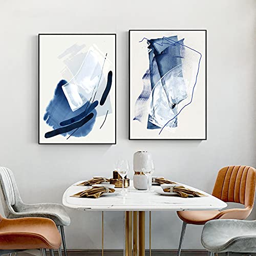 Nordic Modern Prints Poster Abstrakt Blau Weiß Geometrische Linien Malerei auf Leinwand Wandkunst Bild für Wohnzimmer Dekor 40x60cmx2pcs Kein Rahmen von Jianghu Art