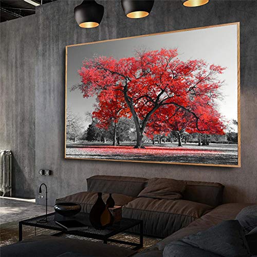 Nordic Visual Herbst Park Landschaft Kunst Wohnkultur Roter Baum Leinwand Wandmalerei Gerahmtes Poster und Drucke Kunstbild 70 x 120 cm (28 x 43 Zoll) mit Rahmen von Jianghu Art