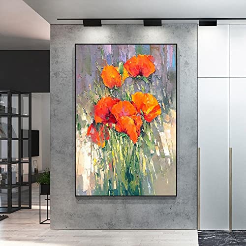 Rote Blume dickes Ölgemälde moderne abstrakte übergroße Wandkunst große Wohnkultur gerahmtes Kunstwerk Bild 60 x 100 cm (24 x 39 Zoll) mit Rahmen von Jianghu Art