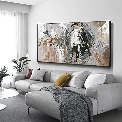 Jianghu Art Rushing Bullfight Poster Stier Übergroße Wandkunst Leinwand Gemälde Abstrakter Stier Kunstdruck Moderne Wohnzimmerdekoration 80 x 160 cm (32 x 63 Zoll) mit Rahmen von Jianghu Art