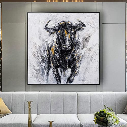 Jianghu Art Starker Stier Ölgemälde Große Größe Große Abstrakte Leinwand Bild Wandkunst Schwarz Weiß Dekor Wandbild Bürorahmen Poster 80x80cm(31x31in) mit Rahmen von Jianghu Art