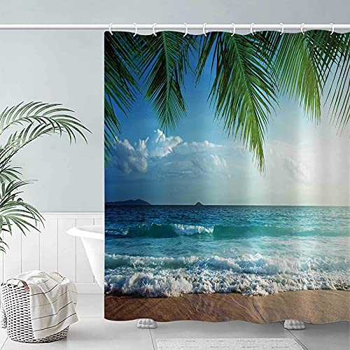 Strand Duschvorhang für Badezimmer – Duschvorhang Sommer Palme Duschvorhang für Badezimmer Moderner Badezimmervorhang 240x200cm/94x79in(BxH) von Jianghu Art