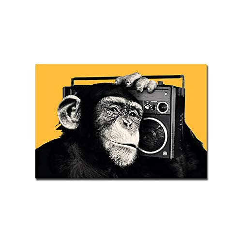 Wandkunst Poster Leinwanddruck abstrakte Tiermalerei Schimpanse Musik hören Bild für Wohnzimmer Home Wanddekorationen 30x70cm (12x28in) mit Rahmen von Jianghu Art
