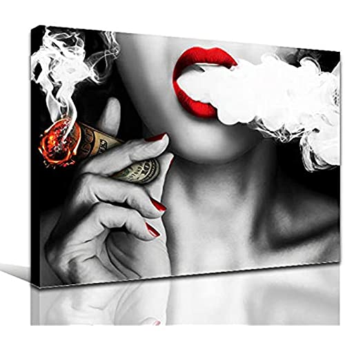 Wandkunstdrucke Leinwand Gemälde Wanddekor Poster Bild Rote Lippen Frau Mit Geld Zigarre Bilddrucke auf Leinwand 80x120cm (32x47in) Mit Rahmen von Jianghu Art