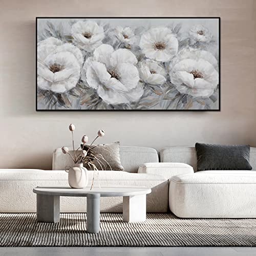 Weiße Blume auf Leinwand, Wandkunst für Wohnzimmer, Poster und Drucke, nordische Wandkunst, Bild für Wohnzimmer, Heimdekoration, 70 x 140 cm (28 x 55 Zoll) mit Rahmen von Jianghu Art