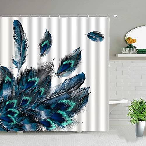 mit 12 Haken Pfauenfedern Duschvorhang Mikrofaser & wasserdicht – weicher waschbarer Stoff Duschvorhang 180x220cm/71x87in(BxH) von Jianghu Art