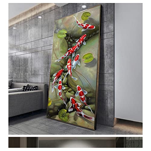 style Nine Red Koi Fish Landscape Oil Painting on Canvas HD Print Poster For Living Room Modern Decor Framed Wall Art Picture 80x163cm(31x64in) With Frame von Jianghu Art