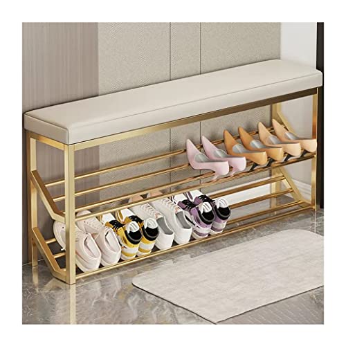 JiangyanBD Schuhregal Bank 2-stöckige Schuhaufbewahrung mit Sitz Industrielle Eingangsbank Metalllagerregale Organizer Eingangsbank Schuhständer für Eingangsbereich (Farbe: Gold + Beige) von JiangyanBD