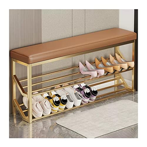 JiangyanBD Schuhregal Bank 2-stöckige Schuhaufbewahrung mit Sitz Industrielle Eingangsbank Metalllagerregale Organizer Eingangsbank Schuhständer für Eingangsbereich (Farbe: Gold + Beige) von JiangyanBD