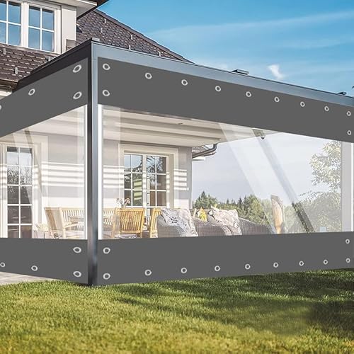 Jianyana Outdoor Vorhang Mit 30Mm öSen, 650G/M² Plane Transparente Vorhang Wasserdichter Plane Trennvorhang für Draussen Garage FüR Outdoor-MöBel, Veranda, Pergola（Grau 2.4 * 2.1m） von Jianyana