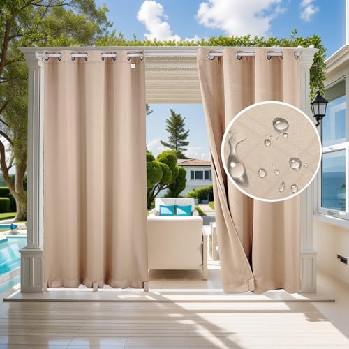 Jianyana Outdoor Vorhang Wetterfest, Anti-UV Outdoor Vorhang Wetterfest 2er Set Outdoor Vorhang Wetterfest Mit ösen für Balkon Terrasse Veranda Pergola Gartenlaube（Beige 52 * 108 in） von Jianyana