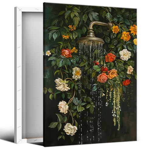 Badezimmer-Leinwand-Kunst, bunte Blumen, dunkelgrünes, ästhetisches Poster, stimmungsvolle Wildblumen, botanischer Druck, rustikaler Druck für Bad, Dusche, mit Pflanzen, Bild für Wand, lustig, 40,6 x Badezimmer-Leinwand-Kunst, bunte Blumen, dunkelgrünes, ästhetisches Poster, stimmungsvolle Wildblumen, botanischer Druck, rustikaler Druck für Bad, Dusche, mit Pflanzen, Bild für Wand, lustig, 40,6 x von Jiaoweibao
