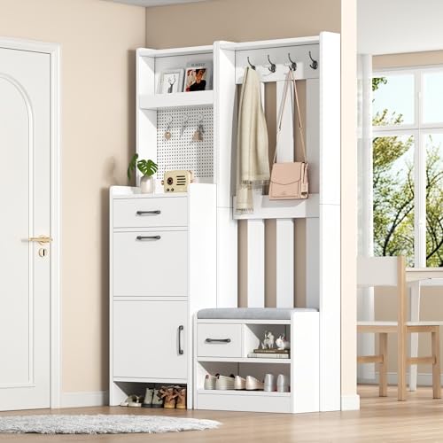 110x35x175.5 cm 7-in-1 Garderobenständer mit Schuhbank, Haken, 2 Schubladen und Lochplatte, freistehend, Multifunktionaler Aufbewahrungsschrank für Eingangsbereich, Weiß von Jiasheng