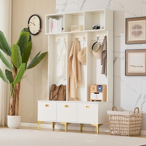 Elegantes Garderobenset mit Bank und 6 goldenen Haken, Multifunktionale Aufbewahrung, Flur Möbel, Schuhregal, Weiß, B120/D40/H191.5cm, Freistehend mit Klappmechanismus und Schubladen von Jiasheng