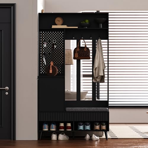 Garderoben-Set mit Schuhbank, 4 Haken, 2 Schubladen & 1 Tür, multifunktionale Wandgarderobe für den Flur, mit Kissen und Aufbewahrung, Schwarz, Maße: 100 L x 35 B x 180 H cm von Jiasheng