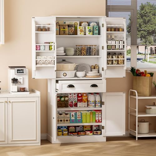 Jiasheng Aufbewahrungsschrank 182 cm mit 4 Türen und 1 Schublade, Küchenschrank mit 6 Fächern und 4 verstellbaren Regalen, Hochschrank für Küche Esszimmer Wohnzimmer, Weiß von Jiasheng