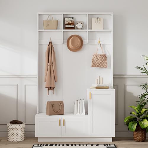 Jiasheng Multifunktionales Garderoben-Set mit Bank und Schuhablage für Flur, 3 Haken & offenem Stauraum, Weiß, Maße: H200/B120/T40 cm, Platzsparend, Modernes Design für Eingangsbereich von Jiasheng