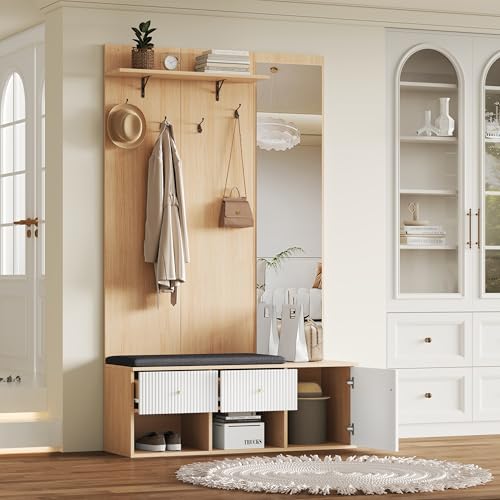Jiasheng Multifunktionales Garderobenset 120x40x200cm mit Spiegel Schuhbank Kissen Schuhschrank Regal 4 Kleiderhaken 2 Schubladen für modernen Eingangsbereich von Jiasheng