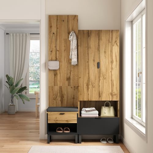 Jiasheng Multifunktionales Garderobenset mit Schuhbank, verstellbaren Einlegeböden, Schubladen und integrierten Kleiderhaken für Eingangsbereich – Elegantes Holzdesign von Jiasheng