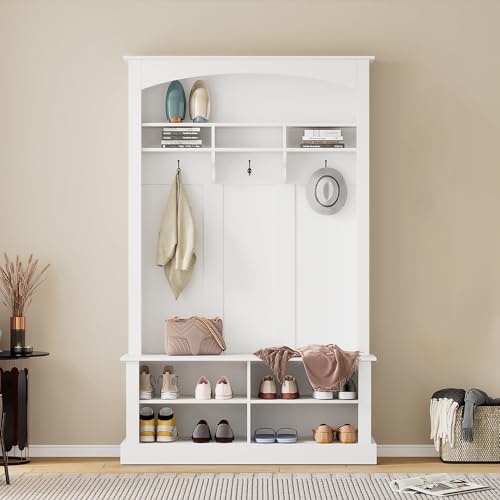 Multifunktionales Garderoben-Set mit Schuhbank und verstellbaren Einlegeböden, 3 Haken & Stauraum – Elegante weiße Flurbank mit Ablageflächen für Schuhe, Taschen und Accessoires, 190x120x40 cm von Jiasheng