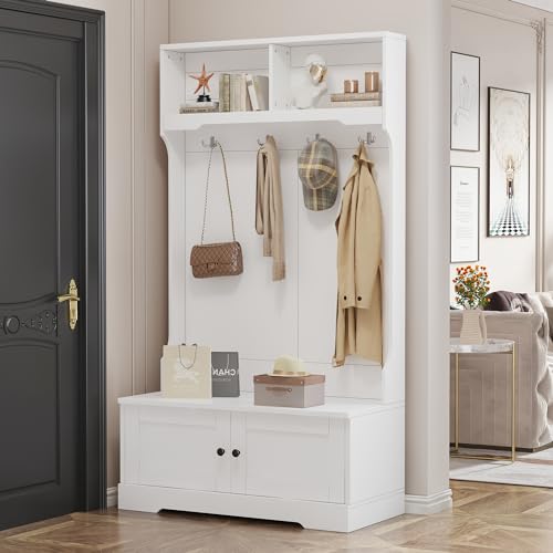 Weißer Eingangsschrank mit Sitzbank und Stauraum, 4 Haken für Jacken und Taschen, Silent Soft-Close Türen, offene Fächer für Dekoration, 101,5×183 cm, für Flur und Eingangsbereich von Jiasheng
