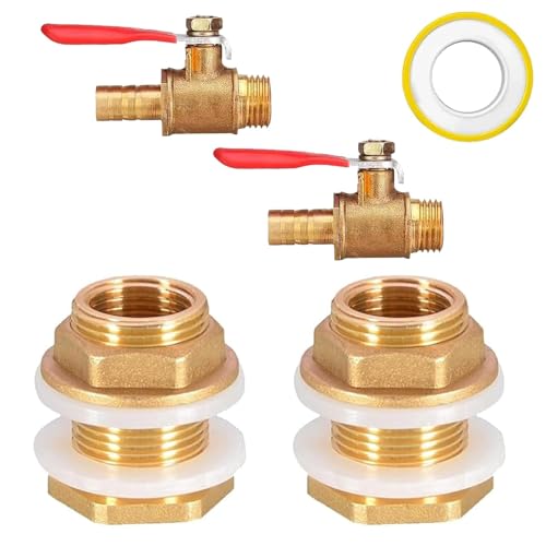 Jiavlyx 4 Stück Messing Tankverschraubung, Fassverschraubung, 3/4" Außengewinde X 1/2" Innengewinde Messing Regentonnenanschluss, Mit 2 × 1/2" Absperrventile, Für Wasserhähne,Wassertonnen,Wassertanks von Jiavlyx