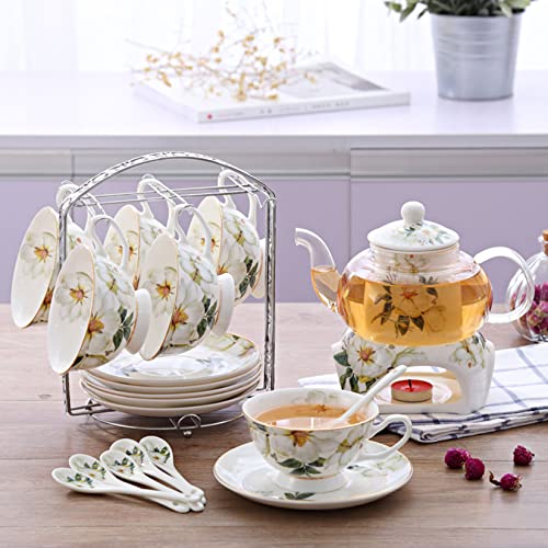21 Stück Europäischen Stil Keramik Tee-Set 6 Stück, Keramik Kaffee-Set 1 Stück Glas Teekanne (22 Unzen) Wärmer, Kaffeetasse Set, Geschenk Für Erwachsene, Lady Tee-Party Set,Weiß von Jiawinng