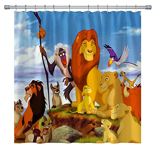 Kinder Löwe Duschvorhang König der Löwen Cartoon Tiere Kinder Bad Vorhang Set, Waschbarer Stoff Kinder Badezimmer Duschvorhänge mit Haken, Blau Gelb (180 x 180 cm) von Jiawo