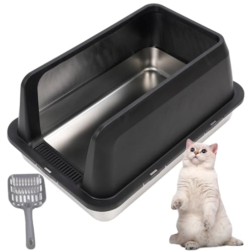 Jiawu Edelstahlkatze Katzentoilette mit Deckel und Schaufel, XL Ligh Müllblattschale, Geschlossene Kitty -Katzentoilette mit Hohen Seiten, Nicht -Stick, 23,62 X 15,75 X 3,94 Zoll (Black) von Jiawu
