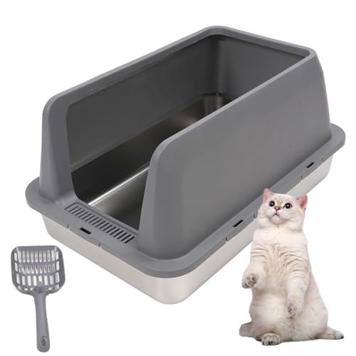 Jiawu Edelstahlkatze Katzentoilette mit Deckel und Schaufel, XL Ligh Müllblattschale, Geschlossene Kitty -Katzentoilette mit Hohen Seiten, Nicht -Stick, 23,62 X 15,75 X 3,94 Zoll (dunkelgrau) von Jiawu