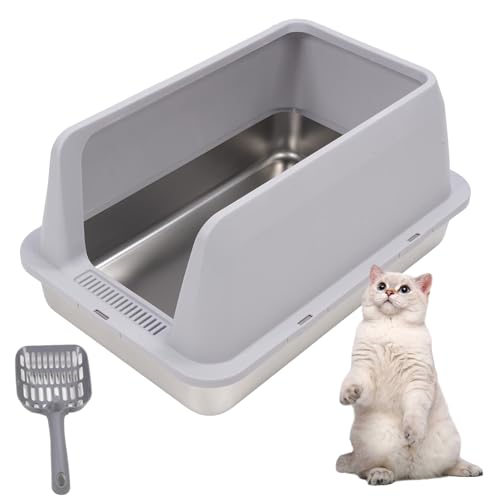 Jiawu Edelstahlkatze Katzentoilette mit Deckel und Schaufel, XL Ligh Müllblattschale, Geschlossene Kitty -Katzentoilette mit Hohen Seiten, Nicht -Stick, 23,62 X 15,75 X 3,94 Zoll (hellgrau) von Jiawu