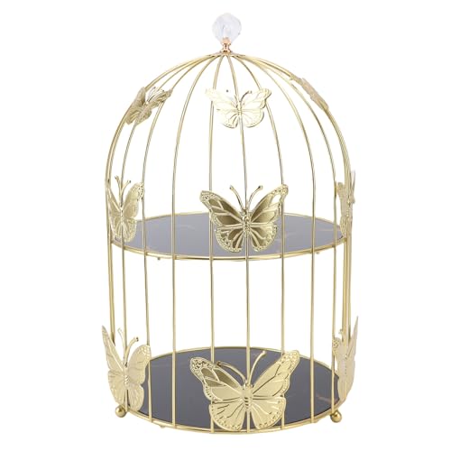 Jiawu Gold Bird Cage Cosmetic Rack Doppelstufe Cupcake Stand Elegant Dessert Makeup Organizer für Home Party, Glas Eisen -Waschtisch für Badezimmerbüro von Jiawu