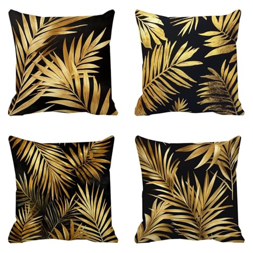 Outdoor Kissen Wetterfest 55x55 cm Kissenbezug Gold Deko kissen Leinen Quadratische Kissenhüllen Schwarz mit Unsichtbarem Reißverschluss Sofakissen für Balkon Garten Couch Stuhl Zierkissen X-435 von Jiaxaong