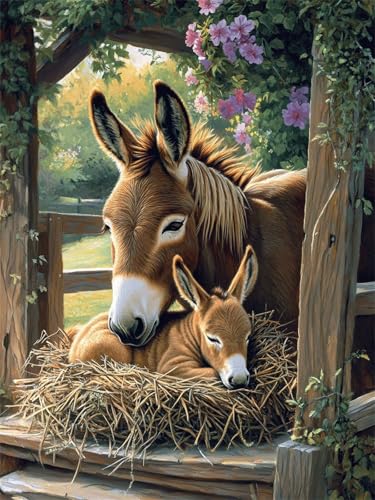 Tier Diamond Painting Erwachsene, 5D Esel Diamant Painting Bilder Runder Vollbohrer Diamond Art Malerei Anfänger Bastelset, DIY Crystal Art Stickerei Kreuzstich Set für Deko Wohnzimmer 40x50cm L-34 von Jiaxaong