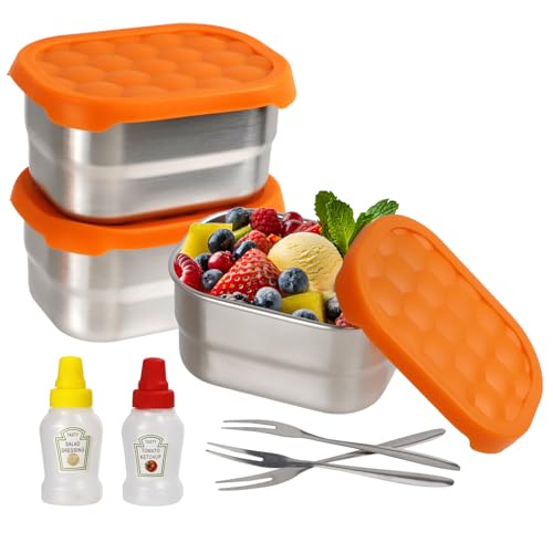 Jiayaus 8 Stück Snack Box Edelstahl, 230ml Snackbox Kinder mit Deckel aus Silikon Salatflaschen und Gabeln, Brotdose Klein für Mittagessen, Picknick, Obst, Snacks, Dressings, Salate von Jiayaus