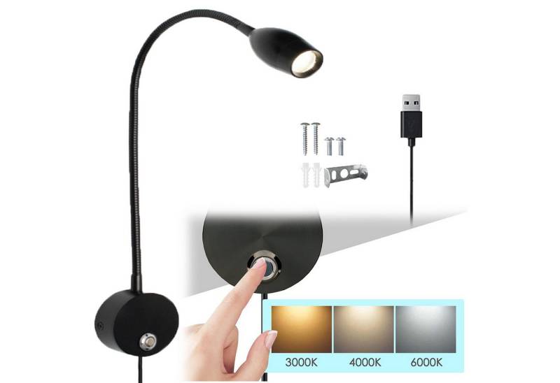 Jibenhome Bettleuchte LED Leselampe Wandmontage,3 Farbmodi mit Touch-Dimmer, Schwarz, LED fest integriert von Jibenhome