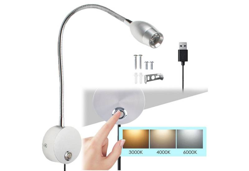 Jibenhome Bettleuchte LED Leselampe Wandmontage,3 Farbmodi mit Touch-Dimmer, Silber, LED fest integriert von Jibenhome