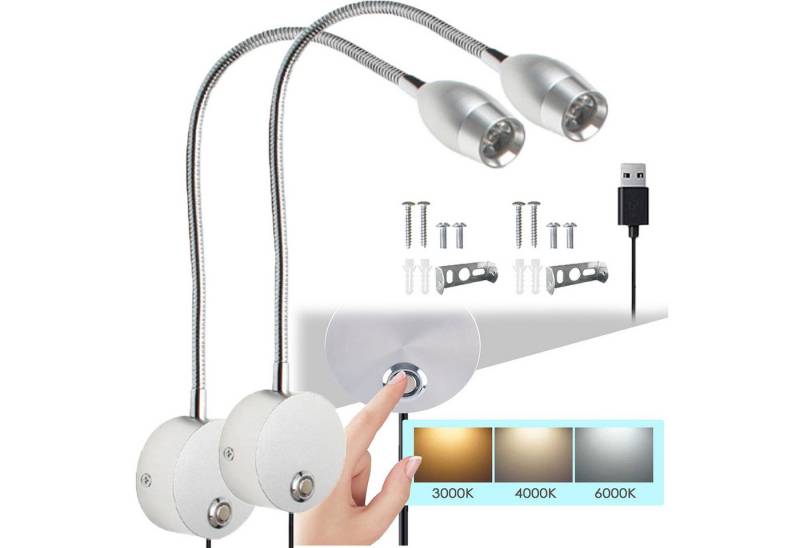 Jibenhome Bettleuchte LED Leselampe Wandmontage,3 Farbmodi mit Touch-Dimmer, Silber, LED fest integriert von Jibenhome