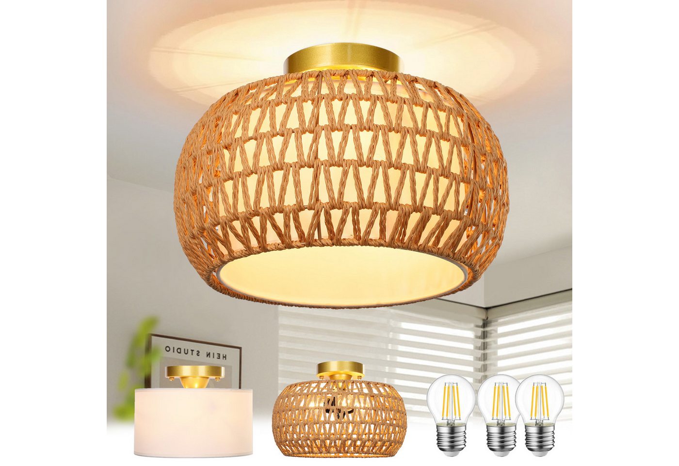 Jibenhome Deckenleuchte Handgewebte Boho Rattan-Deckenleuchte mit Stoffschirm, Deckenlampe, mit 3 LED-Glühbirnen, Doppelter Lampenschirm Jibenhome Deckenleuchte Handgewebte Boho Rattan-Deckenleuchte mit Stoffschirm, Deckenlampe, mit 3 LED-Glühbirnen, Doppelter Lampenschirm von Jibenhome