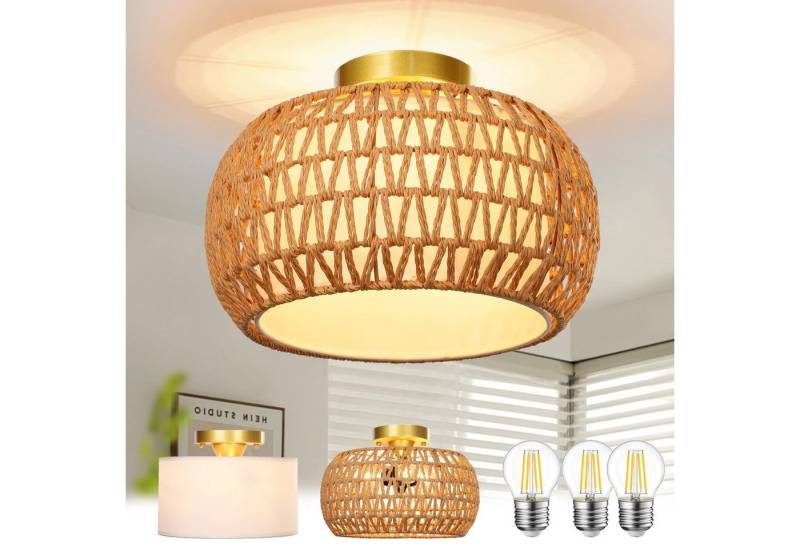 Jibenhome Deckenleuchte Handgewebte Boho Rattan-Deckenleuchte mit Stoffschirm, Deckenlampe, mit 3 LED-Glühbirnen, Doppelter Lampenschirm von Jibenhome