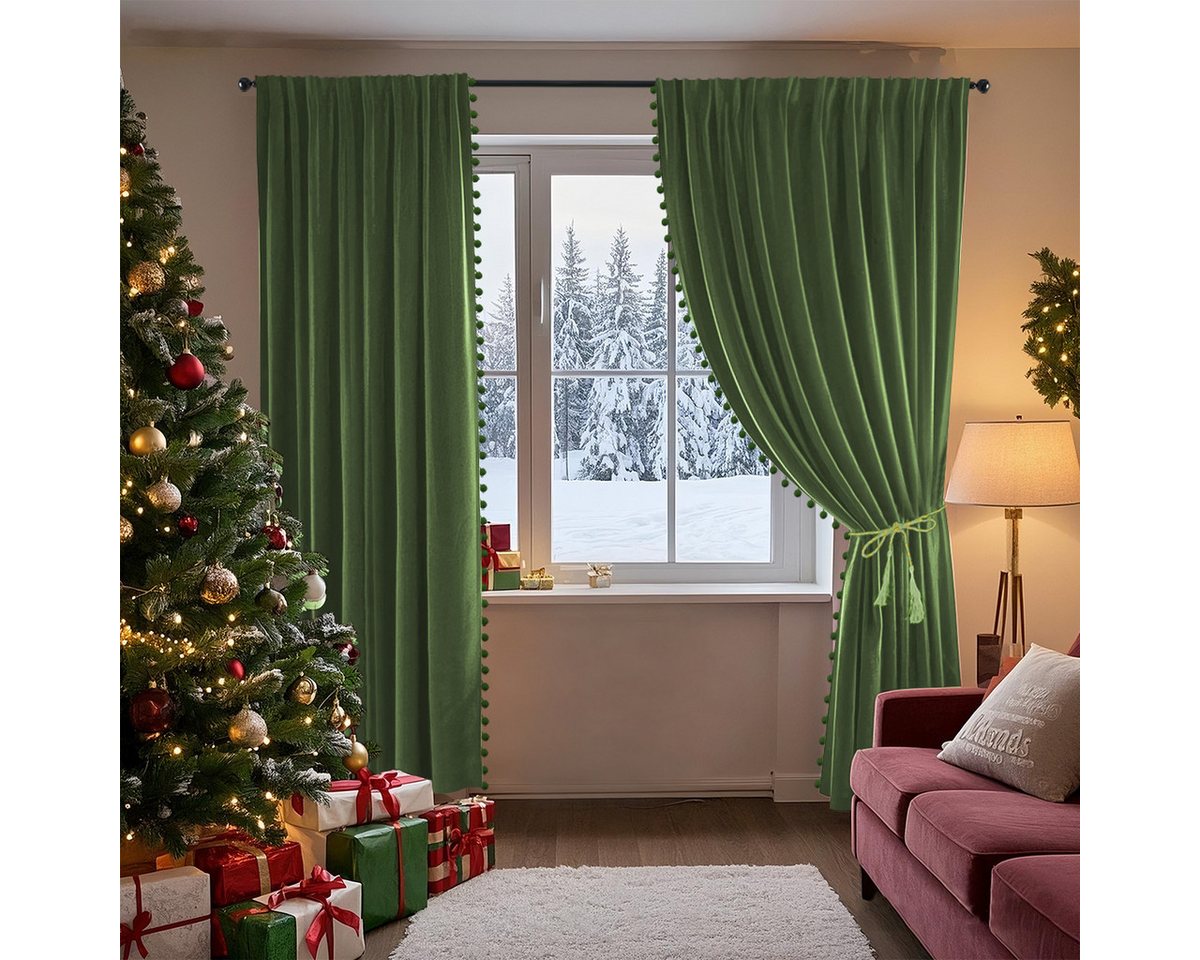 Jibenhome Gardine 2er Set Samt-Weihnachtsvorhänge Pompons, Rot/Grün Verdunkelungsvorhang, Multifunktionsband, Wohnzimmer/Schlafzimmer Jibenhome Gardine 2er Set Samt-Weihnachtsvorhänge Pompons, Rot/Grün Verdunkelungsvorhang, Multifunktionsband, Wohnzimmer/Schlafzimmer von Jibenhome