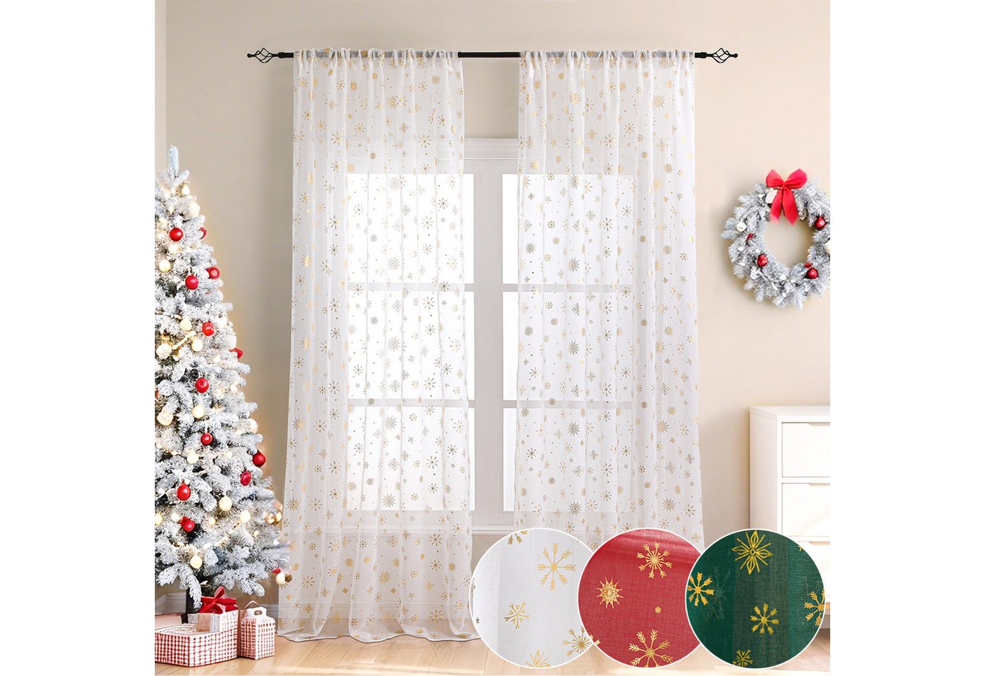 Jibenhome Gardine Vorhang Weihnachten Schneeflocke,Transparentvorhang,Weihnachtsdeko (2 St), halbtransparent, Voile Gardinen für Wohnzimmer, Schlafzimmer, Partydekoration von Jibenhome