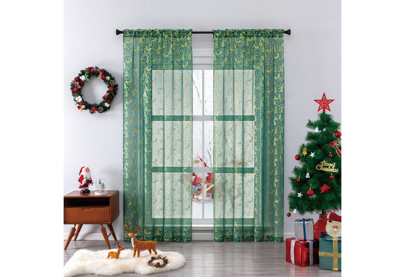 Jibenhome Gardine Weihnachten Vorhang Goldprägung,Voile Gardinen Weihnachtsdeko,2er Set, (2 St), halbtransparent, Transparentvorhang,Weihnachtsdeko,Luxuriöser Goldfolien Druck von Jibenhome