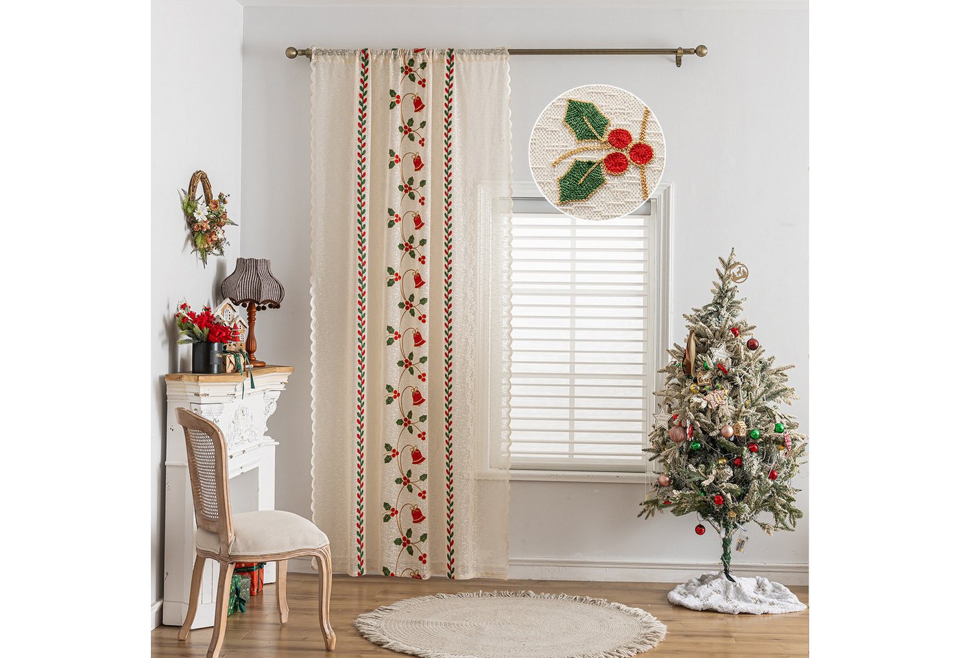 Jibenhome Gardine Weihnachtsgardine Creme,Transparent Stickerei Vorhang, Stangentasche (1 St) von Jibenhome