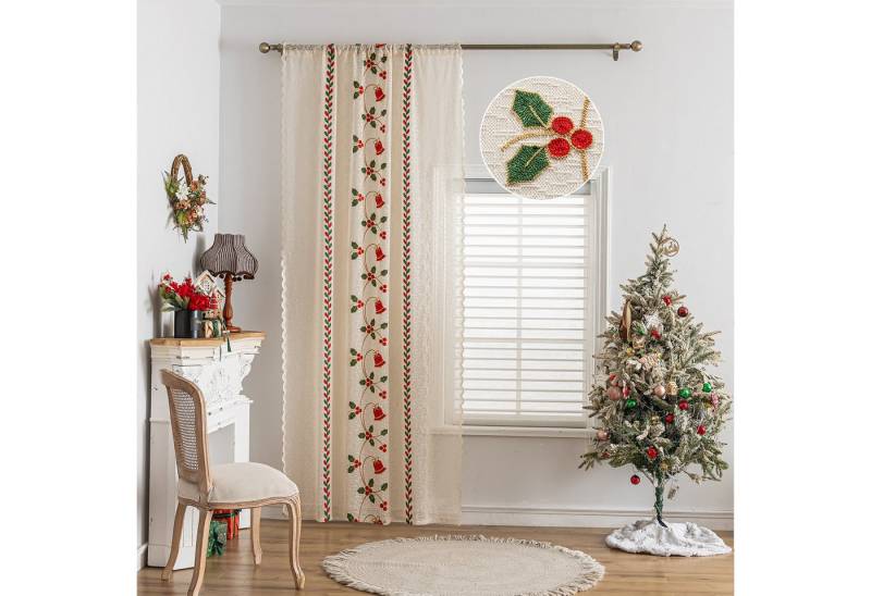 Jibenhome Gardine Weihnachtsgardine Creme,Transparent Stickerei Vorhang, Stangentasche (1 St) von Jibenhome