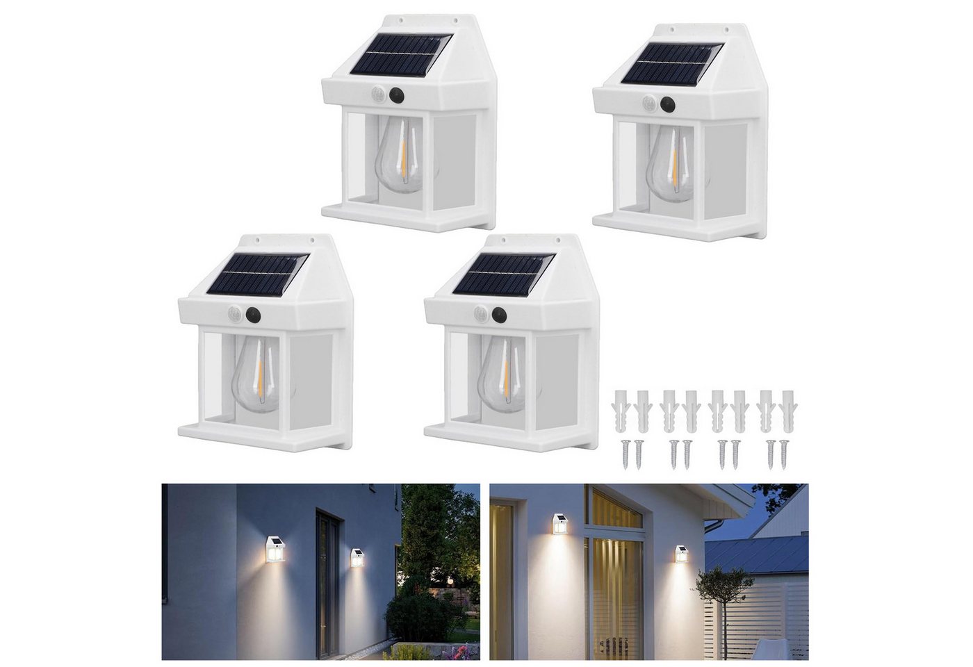 Jibenhome LED Außen-Wandleuchte LED Solarwandleuchte 3 Modi Bewegungssensor Solar-Wandlaterne, IP44, Warmweiß,4 Stück, LED fest integriert, Kabellos Solar Gartenlaterne, Wasserdicht von Jibenhome