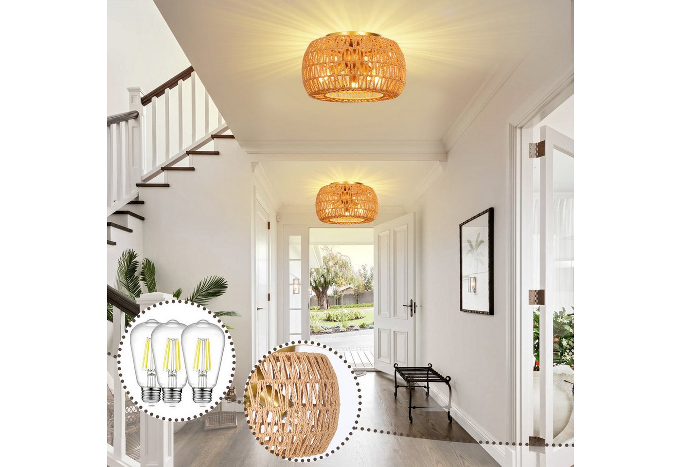 Jibenhome LED Deckenleuchte Rattan-Deckenleuchte 3-flammig, Hängend Boho Lampenschirm, 35cm Φ, LED fest integriert, Hängelampe aus Rattan/Messing mit 3 Leuchtmittel Jibenhome LED Deckenleuchte Rattan-Deckenleuchte 3-flammig, Hängend Boho Lampenschirm, 35cm Φ, LED fest integriert, Hängelampe aus Rattan/Messing mit 3 Leuchtmittel von Jibenhome