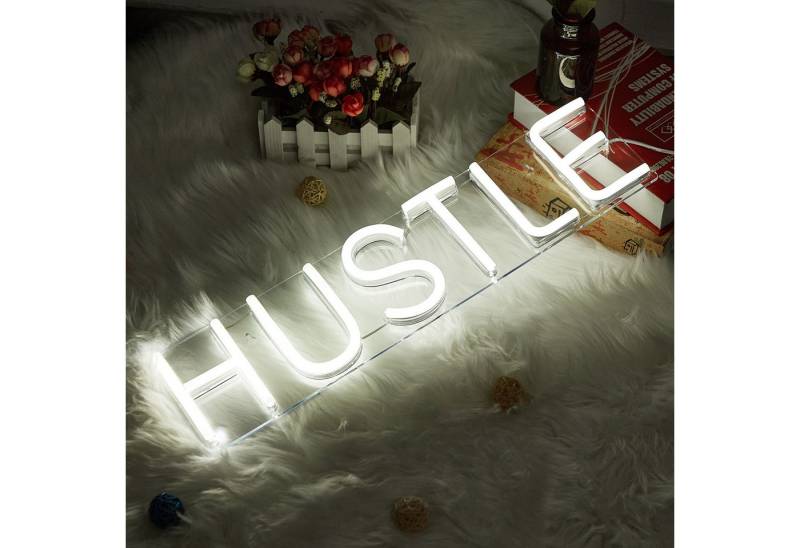 JIBENNEON LED Dekolicht Acryl LED-Neonschil Neon Sign USB Schalter Gaming Wandleuchte, Weiß HUSTLE, LED fest integriert, für Zimmer Gaming Room Spielzimmer Schlafzimmer von JIBENNEON