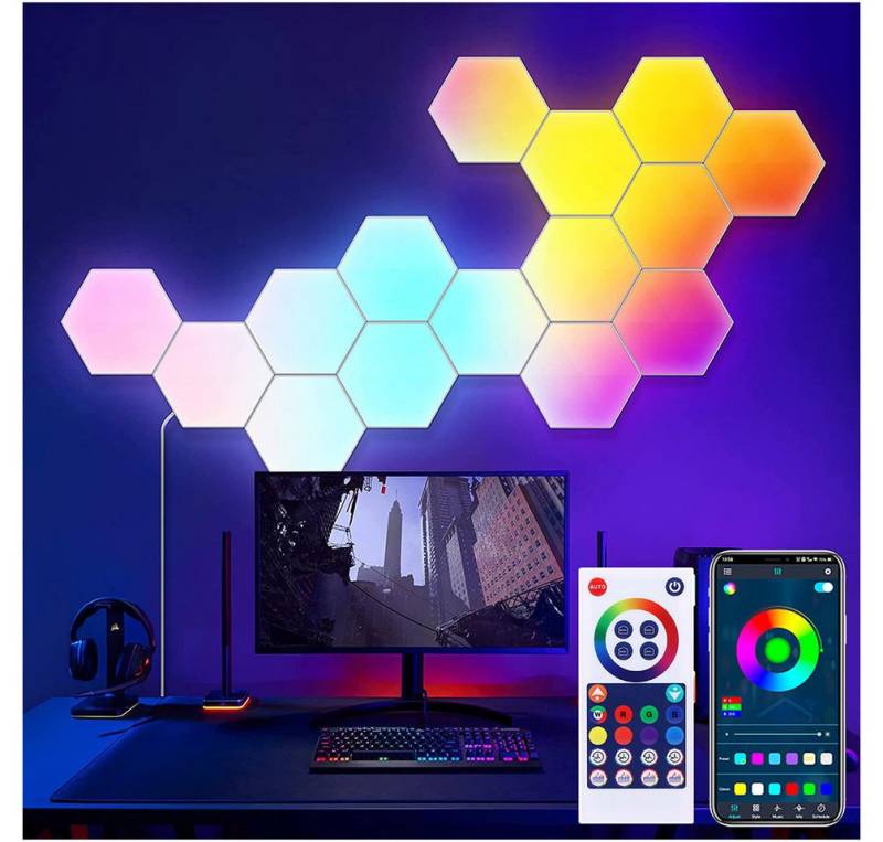 Jibenhome LED Dekolicht Hexagon LED Panel, Sechseck Light, Musik Sync, Smart Wandleuchte, RGB, Mit Bluetooth-App und Fernsteuerung Ambiance Wandleuchter für Gaming von Jibenhome
